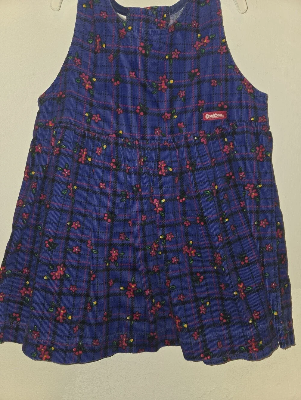 Oshkosh Vintage Purple Blue Plaid Dress with Pink Floral Accents 3t